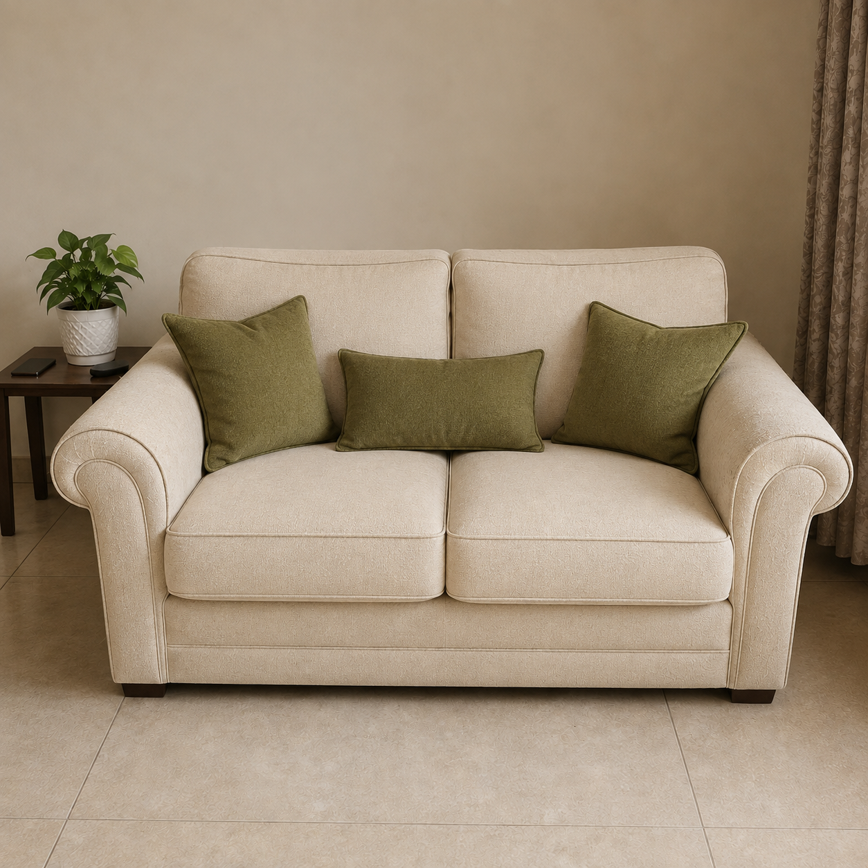 The same sofa after professional reupholstery and new foam