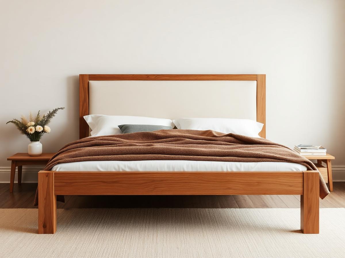 Custom wooden bed frame with upholstered cream headboard