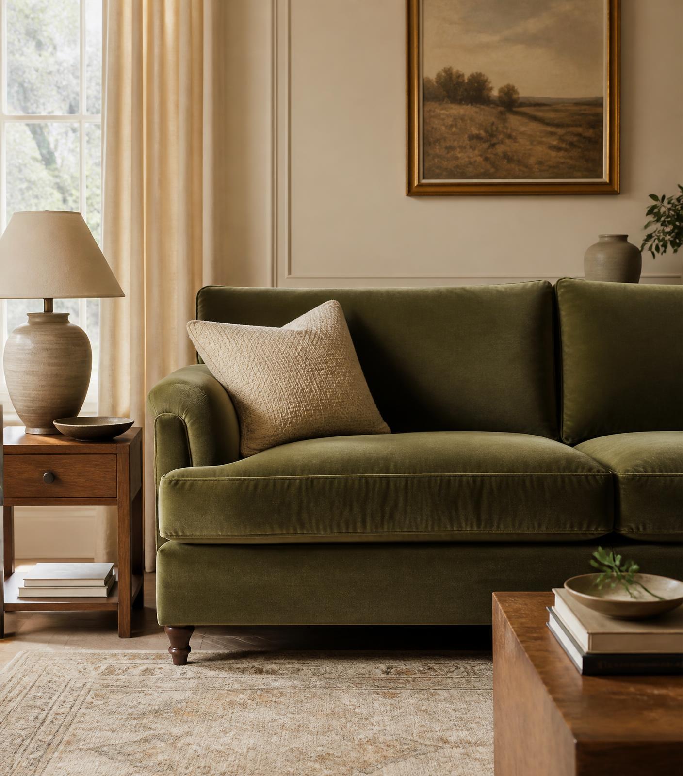 Olive green upholstered sofa in a warm beige living room, made by Indian Furnishing