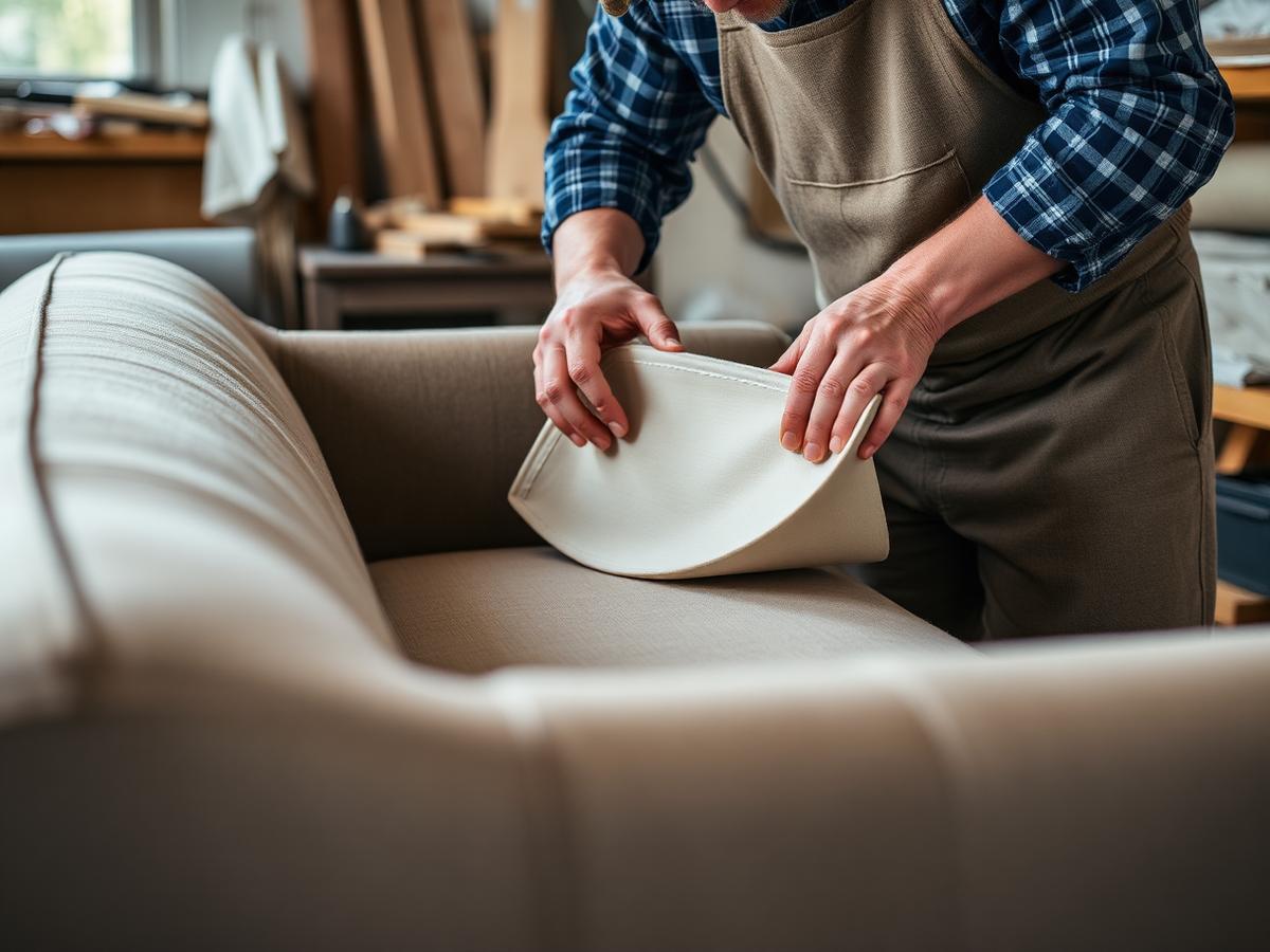 Craftsman fitting new upholstery fabric onto a sofa during restoration